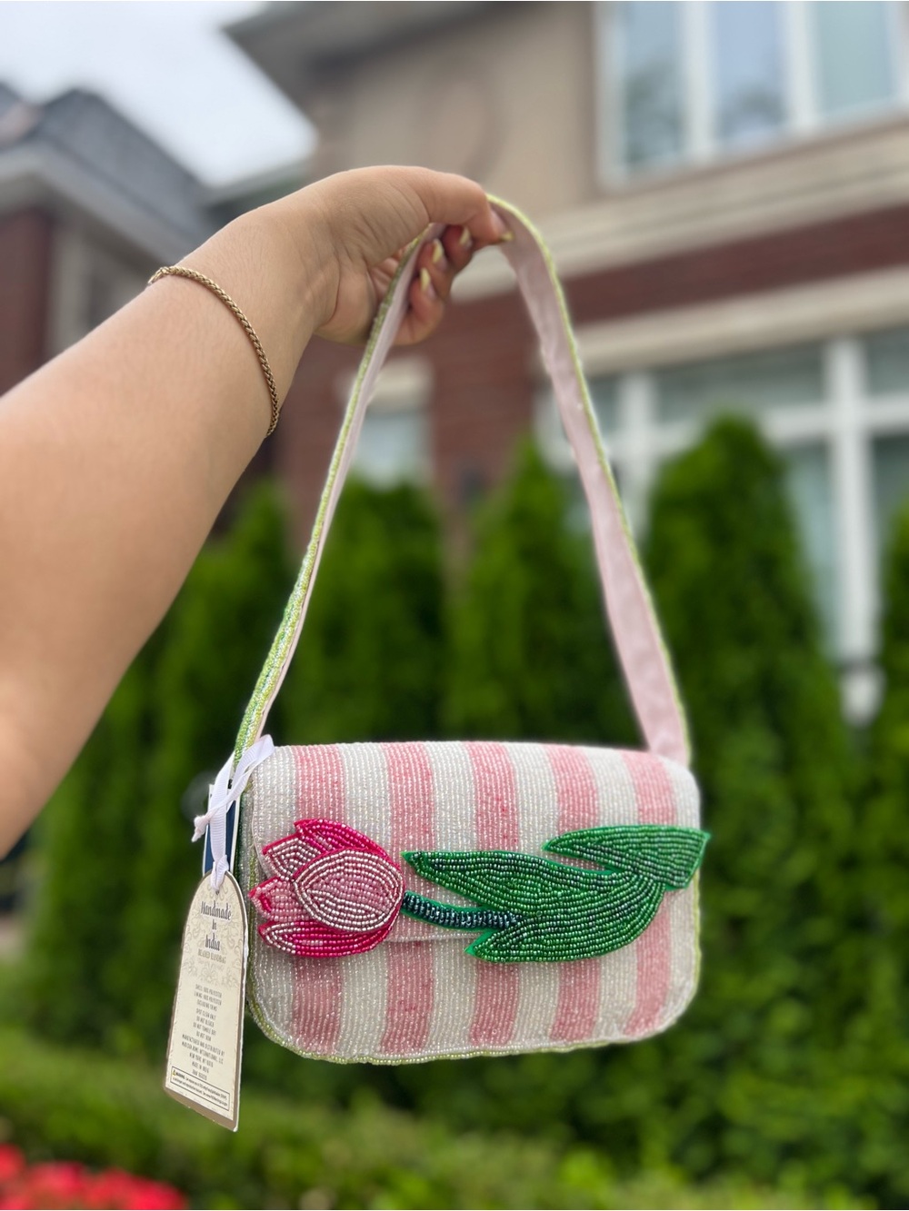 TJMAXX MARSHALLS VIRAL Pink Tulip Stripe Beaded Bag Summer Purse Collectible - Picture 3 of 17